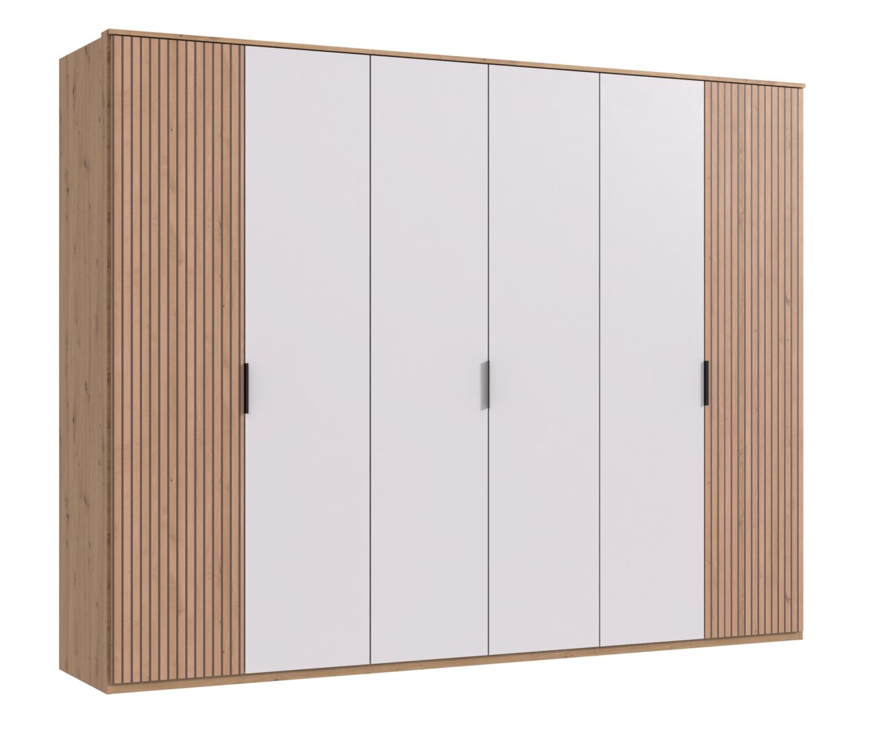 Kast met zes draaideuren, witte fronten en houten zijkanten, vooraanzicht