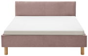 Frontale Ansicht eines Polsterbetts in Rosa mit Holzfüßen und weißer Matratze.