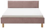 Vooraanzicht van een gestoffeerd bed in roze met houten poten en een wit matras.