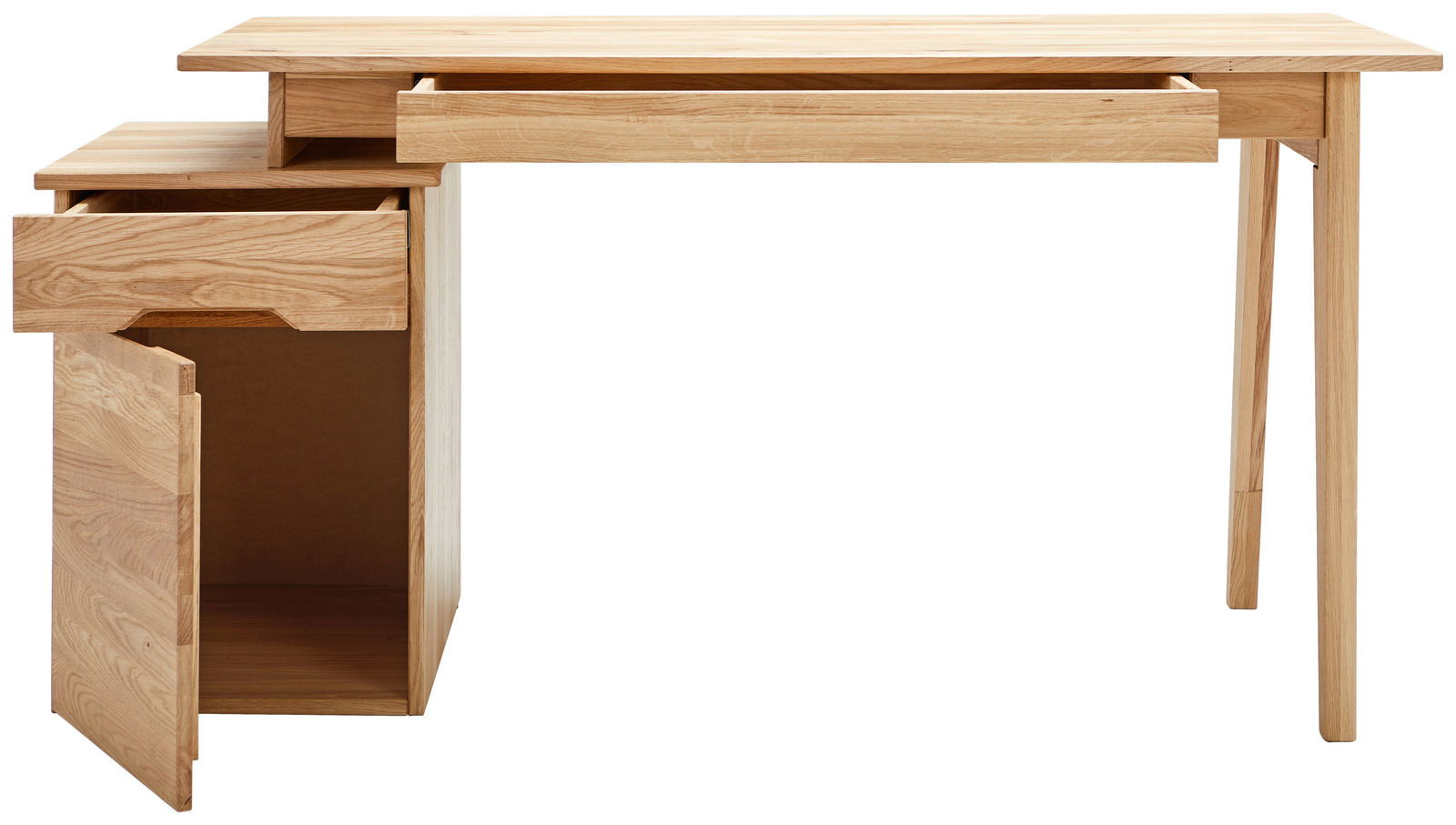 Holzschreibtisch mit geöffneter Schublade und Tür, seitliche Perspektive