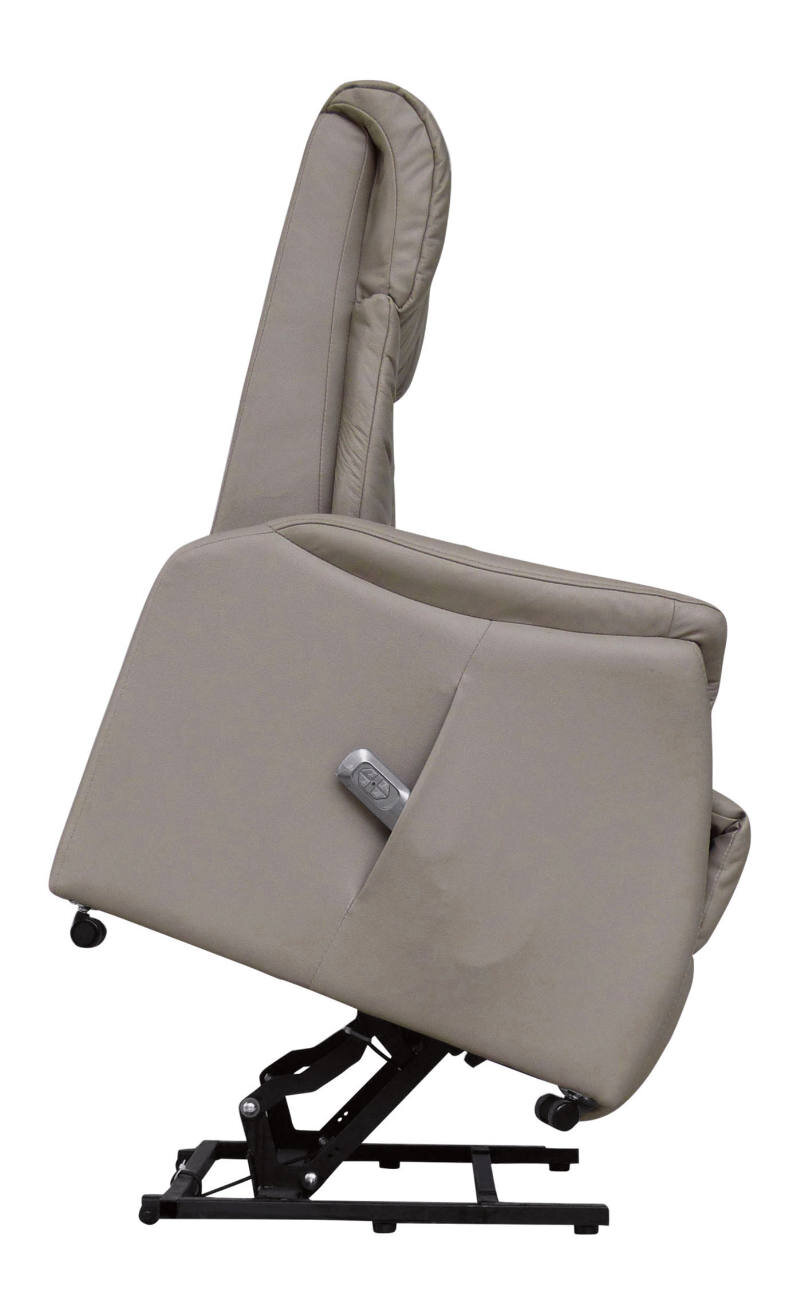 Seitliche Ansicht eines beigen Fernsehsessels mit Hebefunktion auf einem schwarzen Metallgestell.