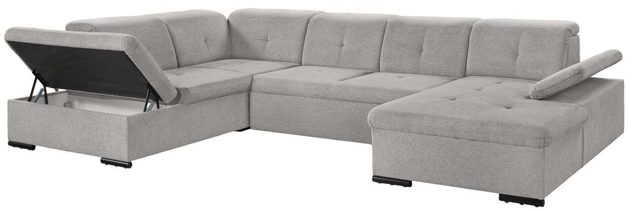 Graue Ecksofa mit Stauraum, Ansicht von schräg vorne.