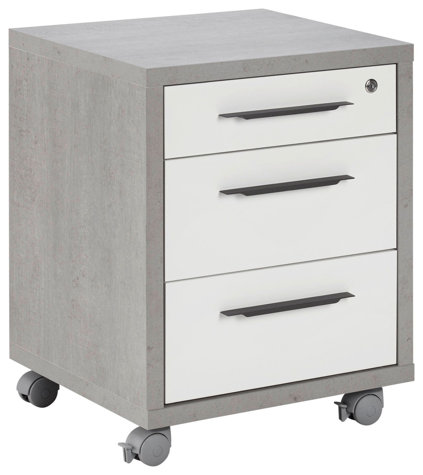 XORA Rollcontainer DIVINO Rollcontainer mit drei Schubladen, grauer Korpus und weiße Fronten, auf Rollen, Perspektive von vorne links