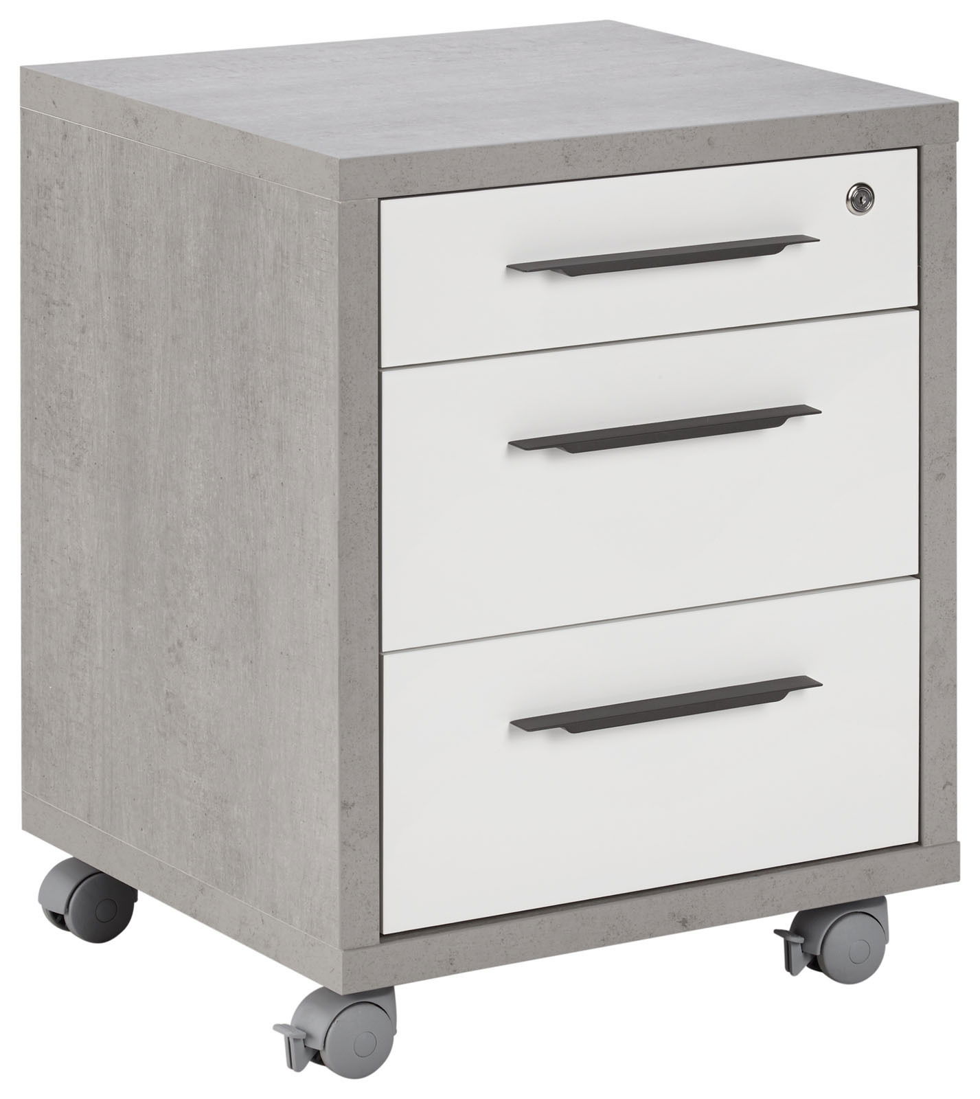 XORA Rollcontainer DIVINO Rollcontainer mit drei Schubladen, grauer Korpus und weiße Fronten, auf Rollen, Perspektive von vorne links