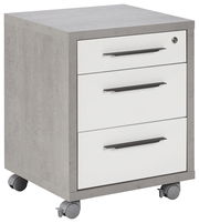 Rollcontainer mit drei Schubladen, grauer Korpus und weiße Fronten, auf Rollen, Perspektive von vorne links