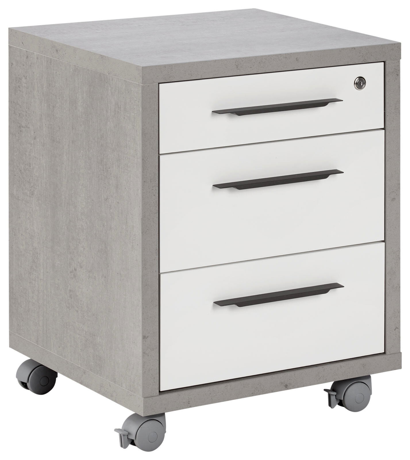 XORA Rollcontainer DIVINO Rollcontainer mit drei Schubladen, grauer Korpus und weiße Fronten, auf Rollen, Perspektive von vorne links