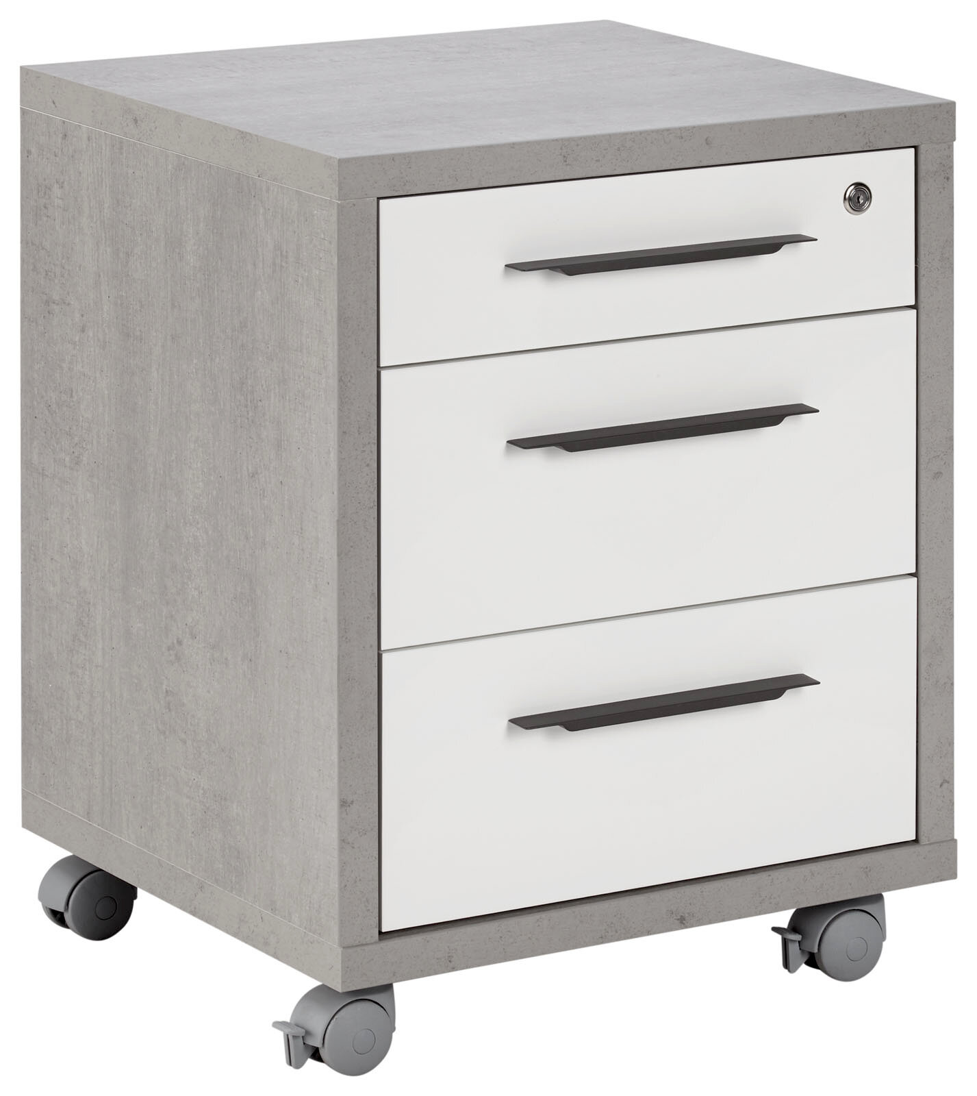 XORA Rollcontainer DIVINO Rollcontainer mit drei Schubladen, grauer Korpus und weiße Fronten, auf Rollen, Perspektive von vorne links