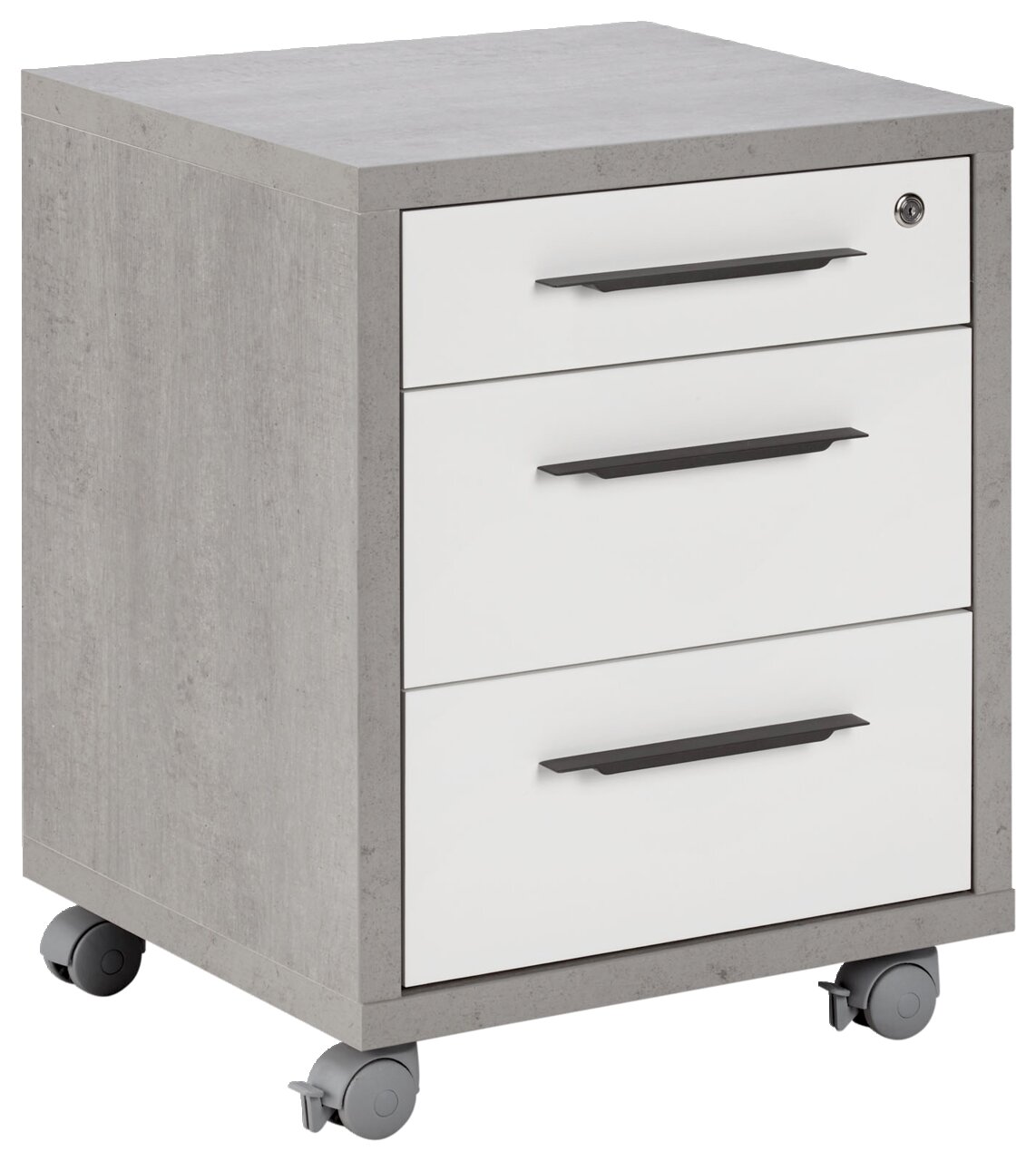 XORA Rollcontainer DIVINO Rollcontainer mit drei Schubladen, grauer Korpus und weiße Fronten, auf Rollen, Perspektive von vorne links