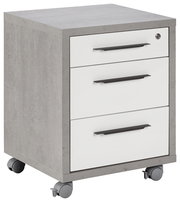 Rollcontainer mit drei Schubladen, grauer Korpus und weiße Fronten, auf Rollen, Perspektive von vorne links