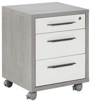 Rollcontainer mit drei Schubladen, grauer Korpus und weiße Fronten, auf Rollen, Perspektive von vorne links