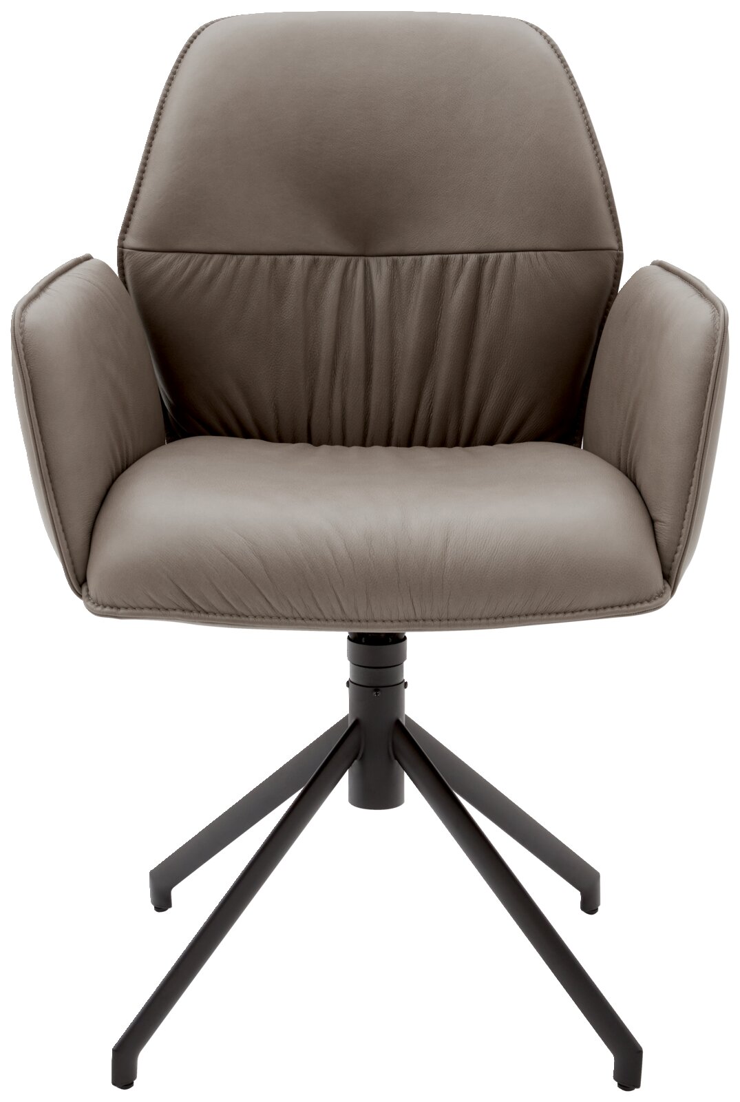 Moderne fauteuil van grijs leer met een zwart metalen frame, vooraanzicht
