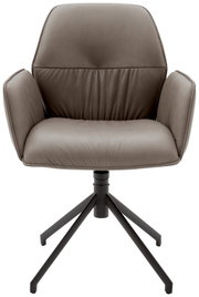 Moderne fauteuil van grijs leer met een zwart metalen frame, vooraanzicht