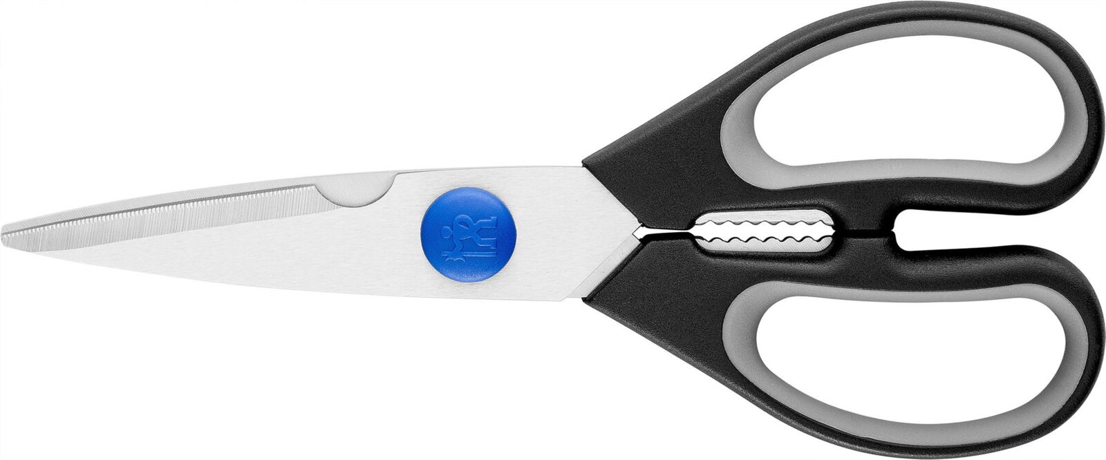 Geöffnete Mehrzweck-Küchenschere mit Edelstahlklingen, integriertem Nussknacker und ergonomischen schwarz-grauen Griffen, in seitlicher Draufsicht