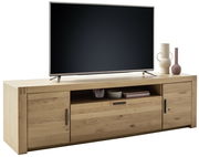 TV-Element aus Holz mit modernem Design, frontal betrachtet. In der Mitte ein offenes Fach mit Dekoration, links und rechts Türen.
