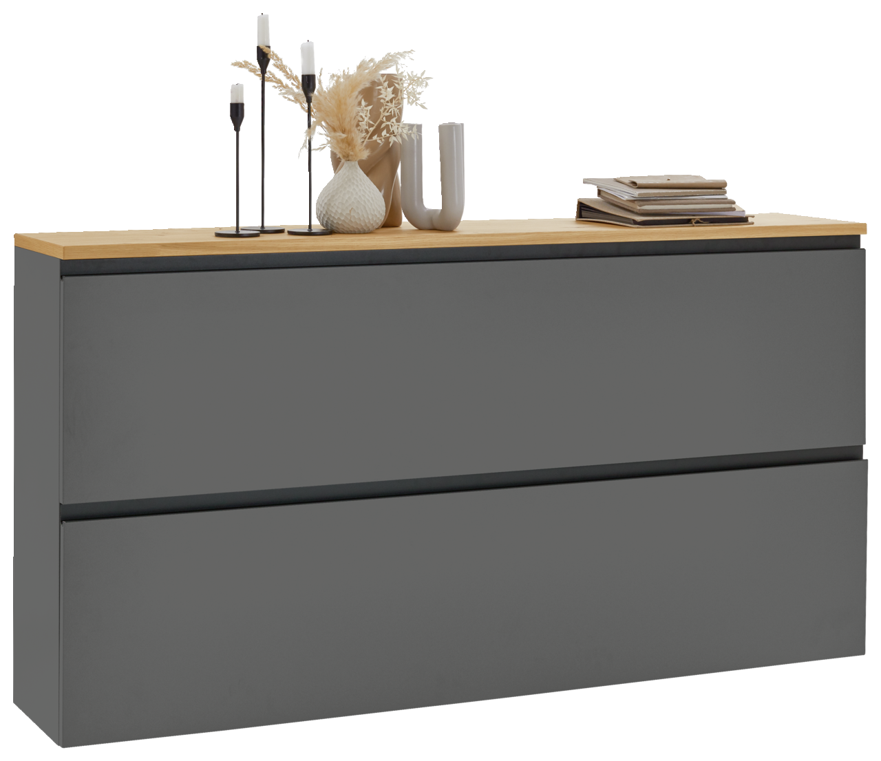 Dieter Knoll Hängeschuhschrank SORRENT Moderner Hängeschuhschrank in Grau mit Holzoberfläche, dekoriert mit Kerzen und Vasen, seitliche Perspektive