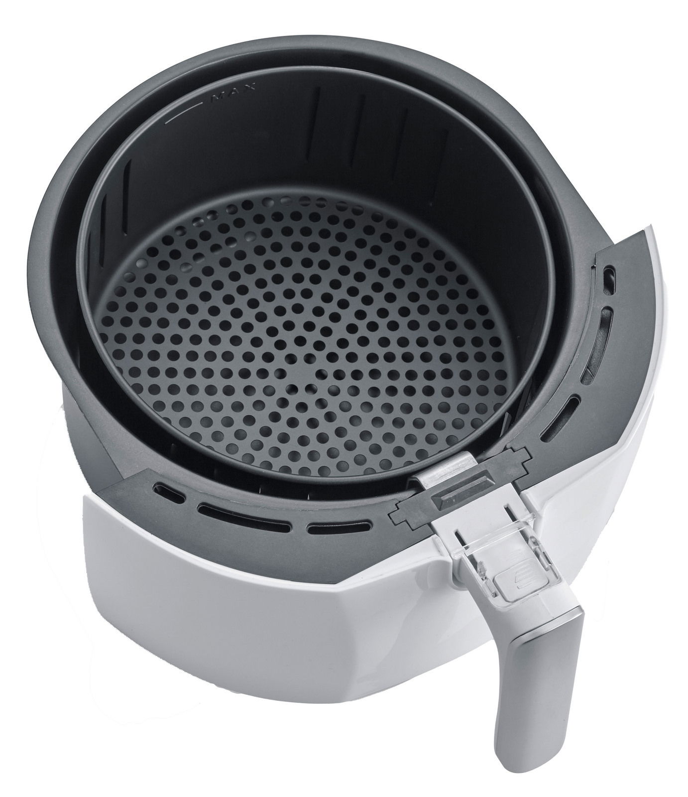 Heißluftfritteuse aus der Vogelperspektive mit herausnehmbarem Korb und Griff