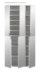 Weiße Garderobenkombination mit mehreren offenen und geschlossenen Fächern, Gesamtmaße ca. 91 x 193 x 34 cm, frontale Ansicht.