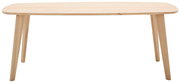 Moderner Esstisch aus hellem Holz mit abgerundeten Ecken, frontal betrachtet.