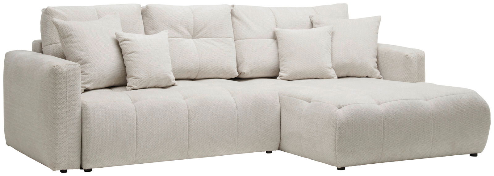 Hom´in Hoekbank London Beige Ecksofa mit mehreren Kissen, Ansicht von vorne rechts
