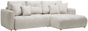 Beige Ecksofa mit mehreren Kissen, Ansicht von vorne rechts