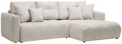 Beige Ecksofa mit mehreren Kissen, Ansicht von vorne rechts
