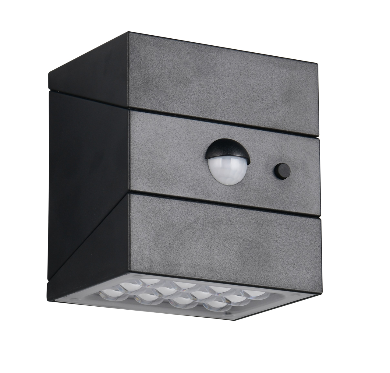 LED-Solar-Außenwandleuchte in schwarzem Gehäuse mit integriertem Bewegungsmelder, seitliche Perspektive