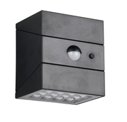 LED-Solar-Außenwandleuchte in schwarzem Gehäuse mit integriertem Bewegungsmelder, seitliche Perspektive