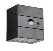 LED-Solar-Außenwandleuchte in schwarzem Gehäuse mit integriertem Bewegungsmelder, seitliche Perspektive