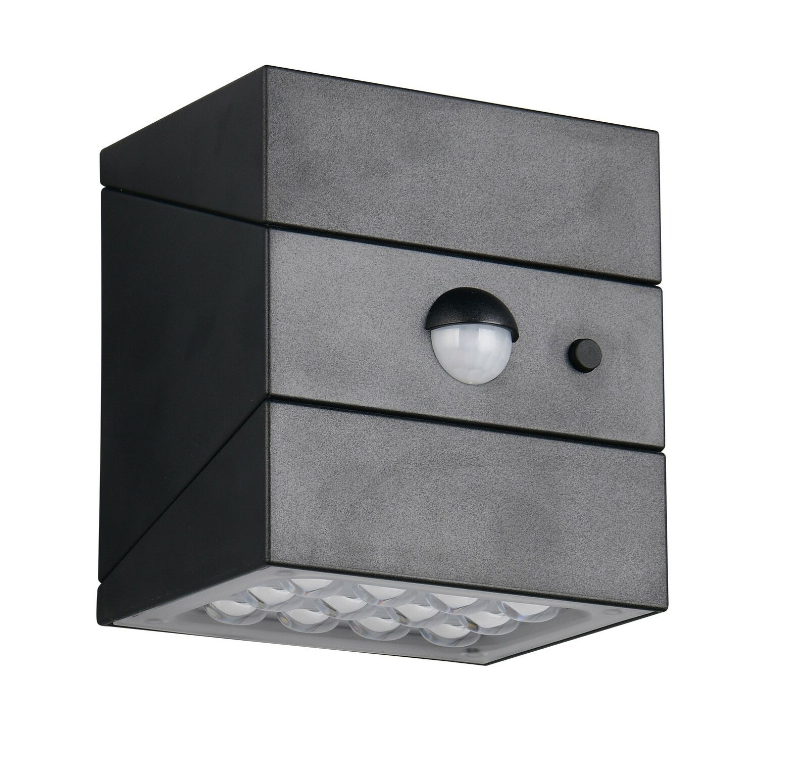 LED-Solar-Außenwandleuchte in schwarzem Gehäuse mit integriertem Bewegungsmelder, seitliche Perspektive