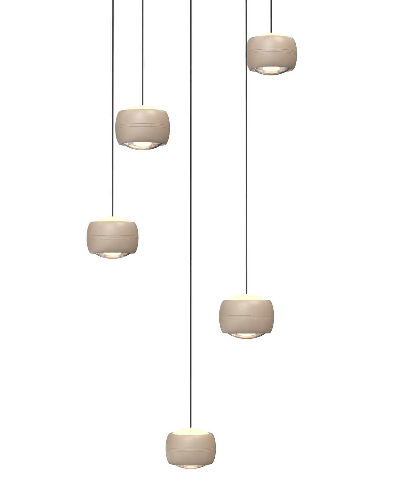 Moderne LED-Pendelleuchte mit fünf hängenden, runden Leuchtkörpern in einer frontalen Perspektive.