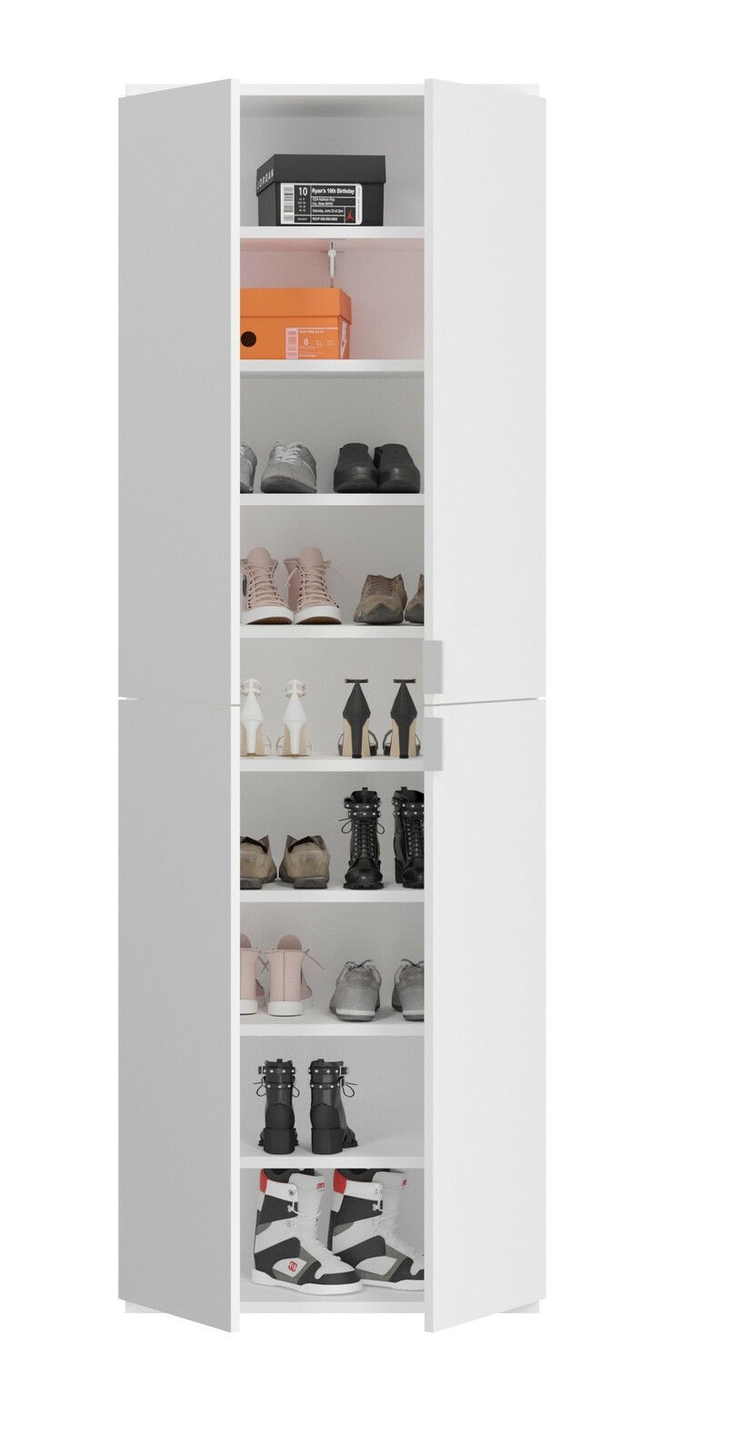 Weiße Garderobenkombination mit offenen Türen, gefüllt mit verschiedenen Schuhen und Kartons, frontal betrachtet.