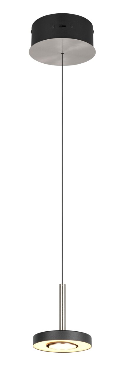 Moderne Pendelleuchte in schwarzem und silbernem Design, seitliche Perspektive