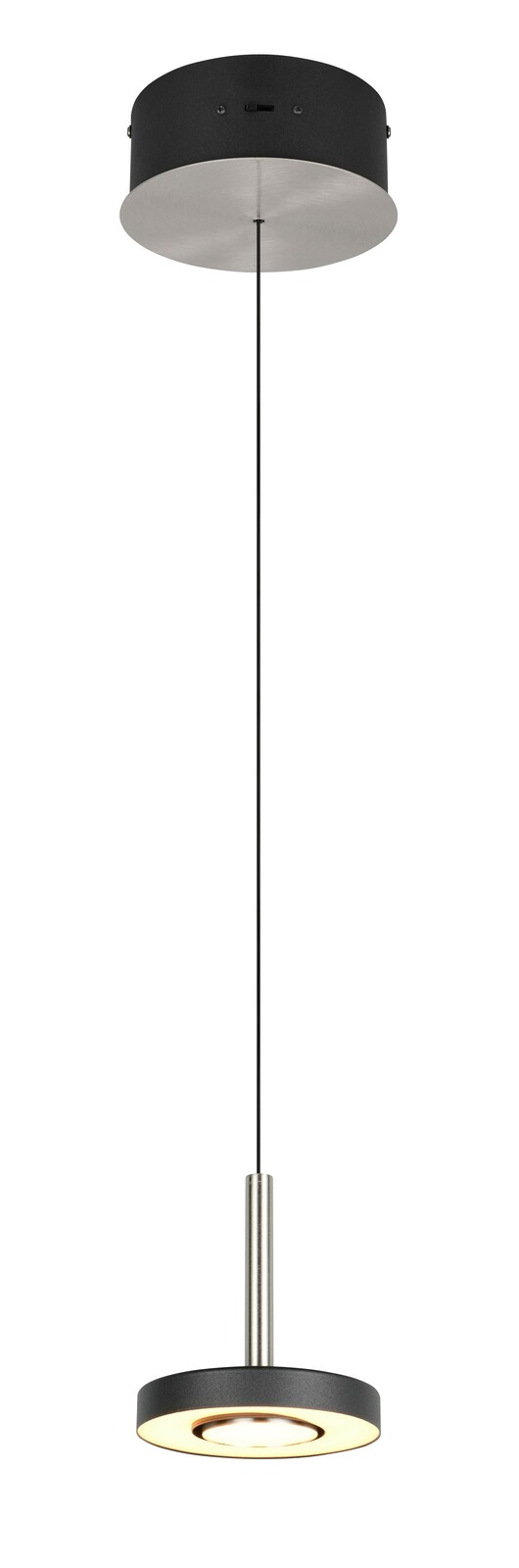 Moderne Pendelleuchte in schwarzem und silbernem Design, seitliche Perspektive