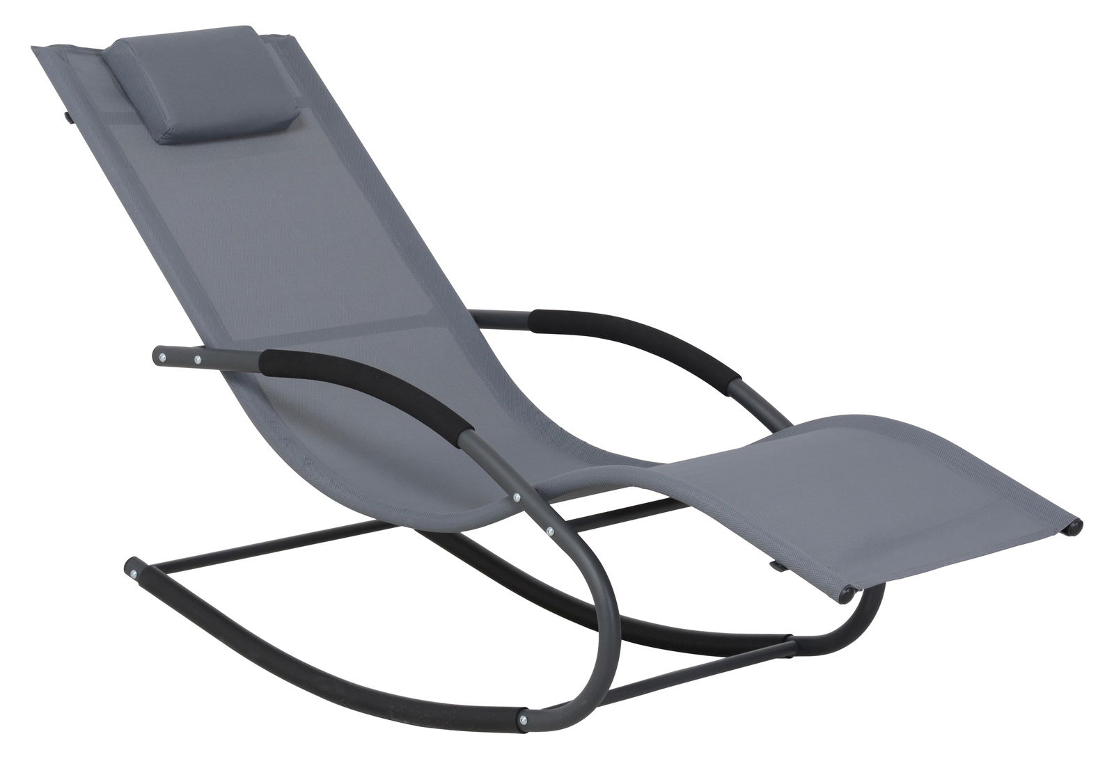 Graue Schaukelliege mit ergonomischem Design, seitliche Perspektive