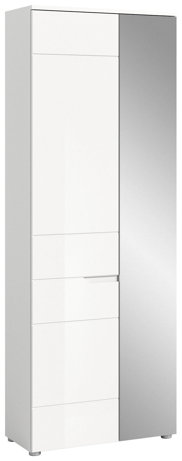 Moderner Garderobenschrank mit weißer und spiegelnder Tür, Frontalansicht