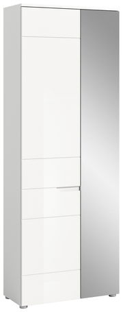 Moderner Garderobenschrank mit weißer und spiegelnder Tür, Frontalansicht
