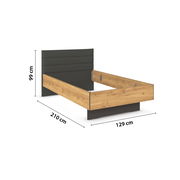Holzbettgestell mit gepolstertem Kopfteil, seitliche Perspektive, Maße 210 cm x 129 cm x 99 cm