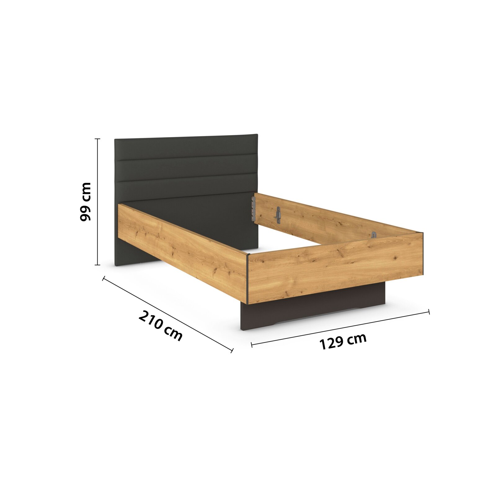 Houten bedframe met gestoffeerd hoofdeinde, zijaanzicht, afmetingen 210 cm x 129 cm x 99 cm