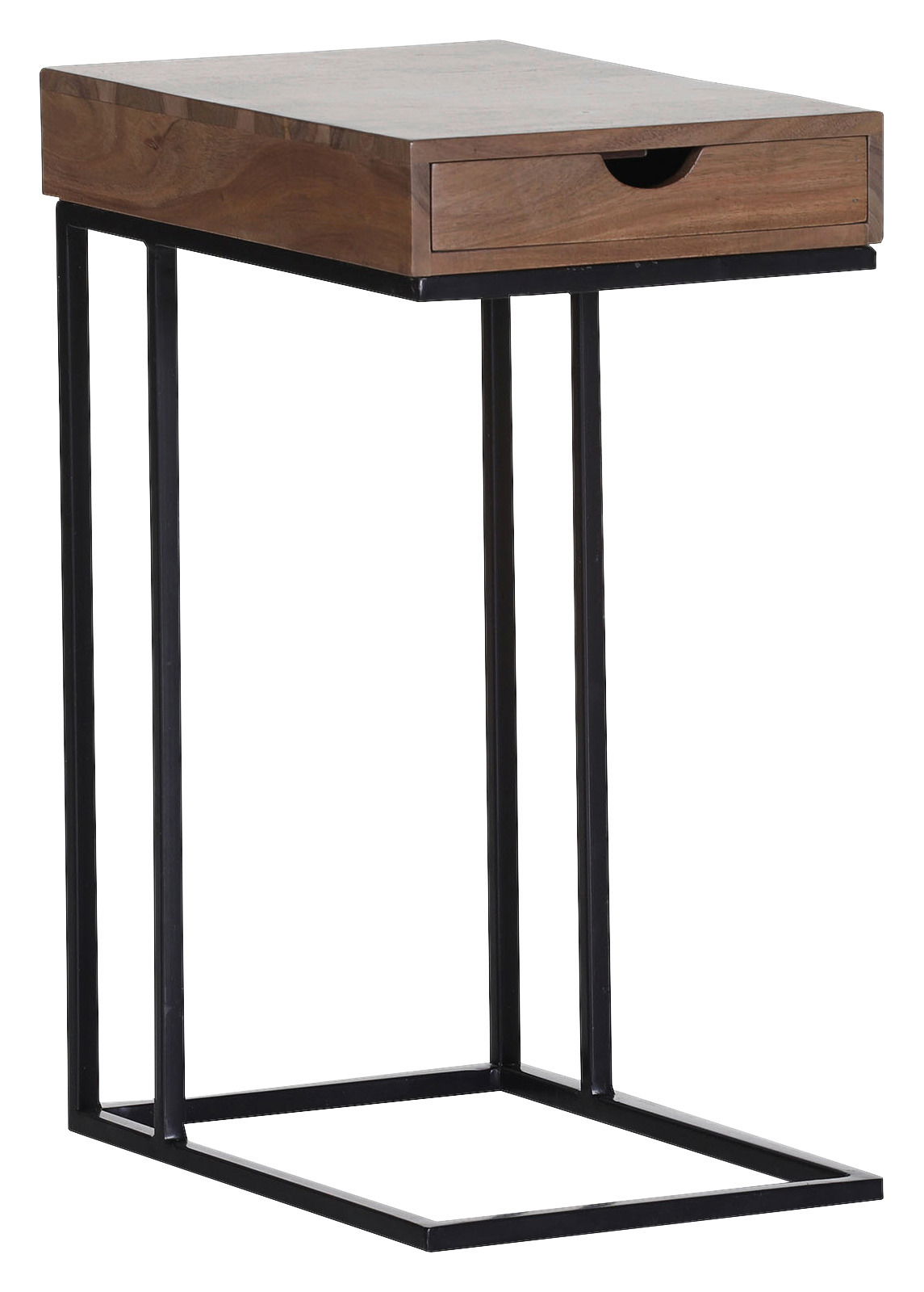 Moderner Beistelltisch mit Holzplatte und schwarzem Metallgestell, seitliche Perspektive