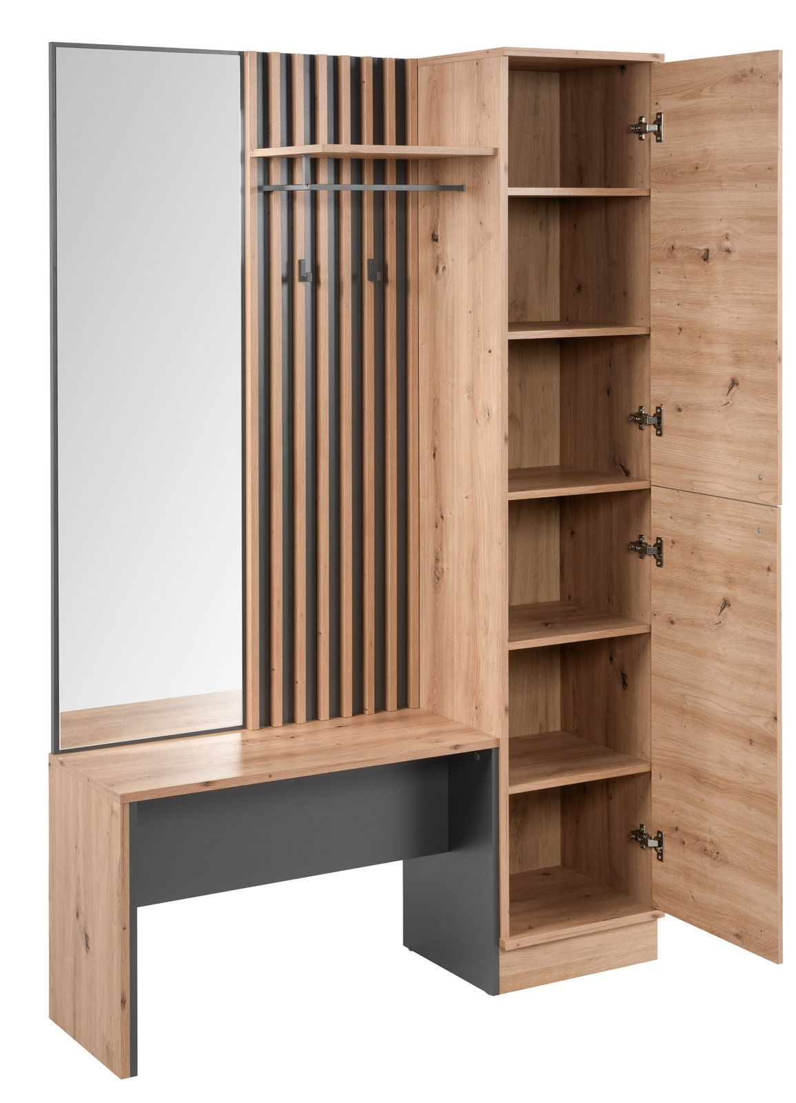Garderoben-Set aus Holz mit Spiegel, Sitzbank und offenem Schrank mit Regalböden, seitliche Perspektive