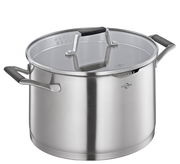 Edelstahl-Topf mit Glasdeckel und schwarzen Griffen, seitliche Perspektive