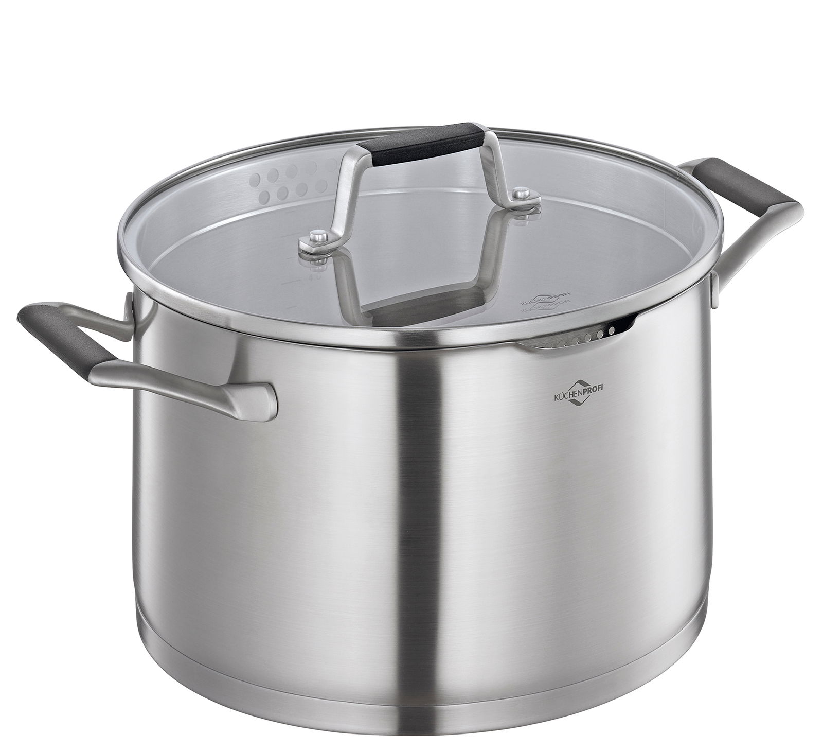 Edelstahl-Topf mit Glasdeckel und schwarzen Griffen, seitliche Perspektive