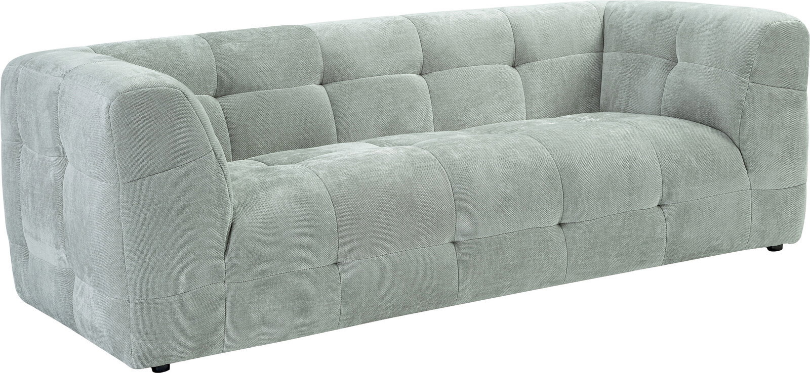 Hellgraues, gepolstertes 2-Sitzer-Sofa mit quadratischer Steppung und abgerundeten Armlehnen, freigestellt auf weißem Hintergrund, Ansicht schräg von vorne links.