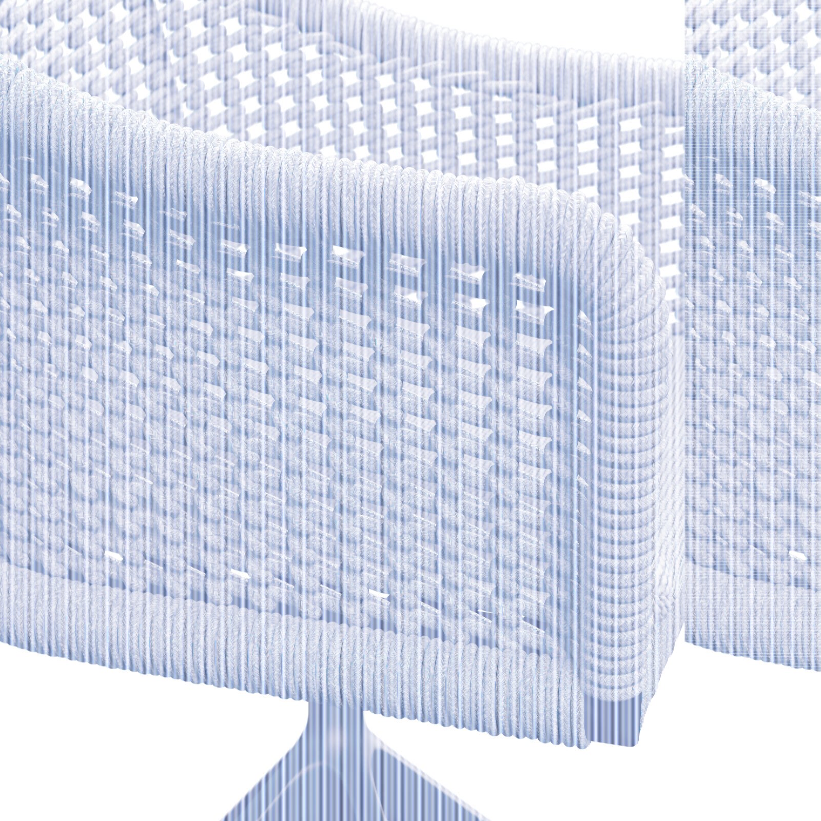 Detailansicht eines Armlehnstuhls mit geflochtenem Seilgewebe in grauer Farbe, Rückansicht