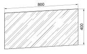 Technische Zeichnung einer rechteckigen Platte/Glasfläche mit Maßen 800 x 400, Frontansicht (leicht perspektivisch) mit Bemaßungslinien.