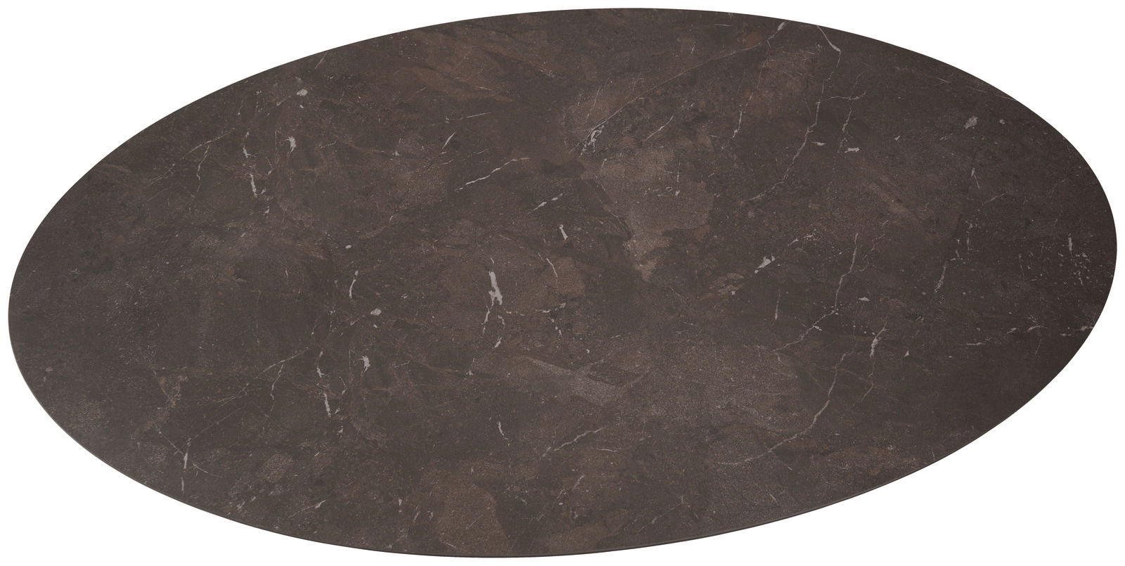 Ovale Tischplatte aus dunklem Marmor mit feiner Maserung, Draufsicht