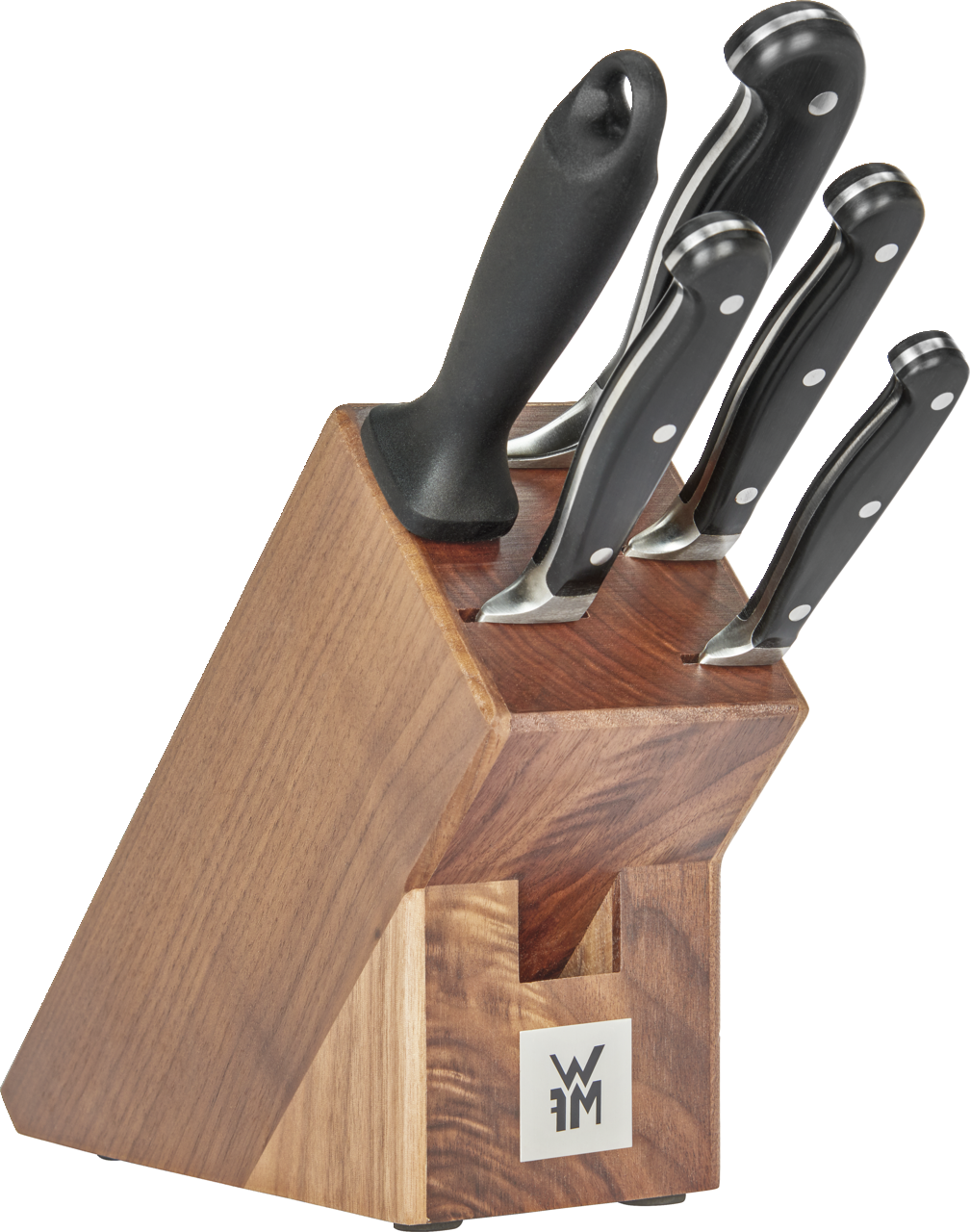 Messerblock aus Holz mit fünf Messern, seitliche Perspektive