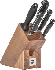 Messerblock aus Holz mit fünf Messern, seitliche Perspektive