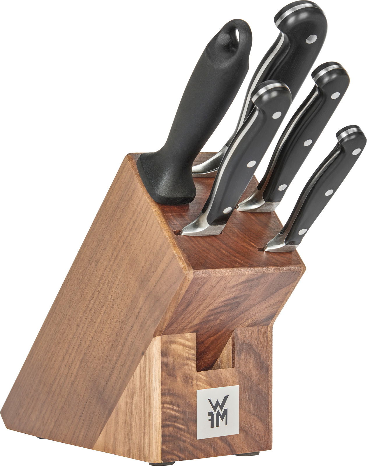 Messerblock aus Holz mit fünf Messern, seitliche Perspektive