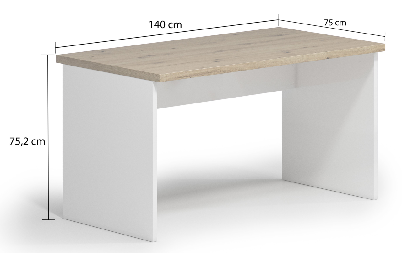 Moderner Wangenschreibtisch mit Holzplatte und weißen Seitenwangen, Abmessungen 140 cm x 75 cm x 75,2 cm, seitliche Perspektive.